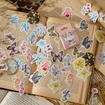 50box Borboleta Íris Adesivo Botânico Decoração Floral de Recados de papel de carta Planejador de Colagem de Papel Etiqueta Álbum Kawaii Presentes para as Crianças