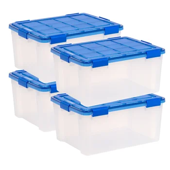 60 Litro WeatherPro™ Junta de Limpar Caixa de Plástico com Tampa, Azul, Conjunto de 4，23.60 x 17.75 x 11.22 Polegadas