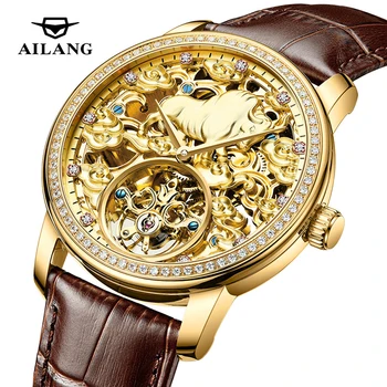 AILANG Novo Clássico da Moda Tourbillon relógios para Homens Automático Esqueleto de Couro Impermeável de Ouro do Relógio Mecânico de relógios de Luxo