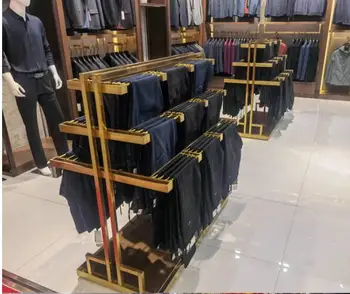 Homens de armazenamento de aço inoxidável escovado calças tabela da cremalheira de exposição da loja de roupas de titânio, amarelo calças rack