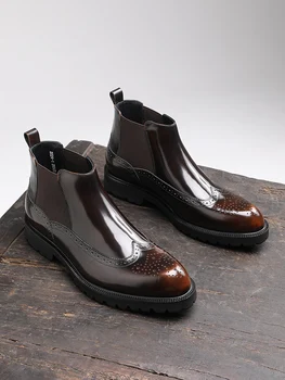 Novos negócios formais homens botas de Couro brilhante bloco esculpido Chelsea boot pontudo inglês de topo no inverno